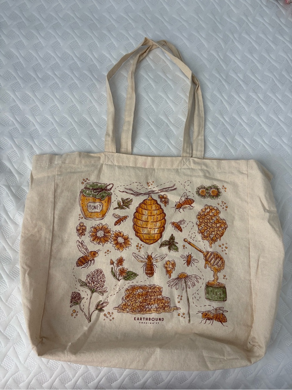 EARTHBOUND Beige Canvas Tote with Yellow & Brown Bee Artwork